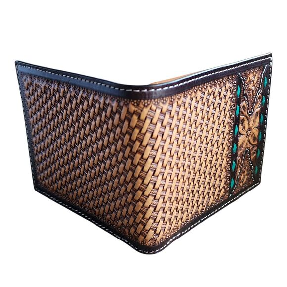 Twisted X XH829B Tooled Leather Bifold Wallet Green Buck Stitch Basket Floral - Picture 2 of 7